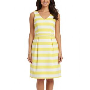 Tahari Yellow White Stripe Cotton Pique V-Neck Sleeveless Knee Length Dress 10